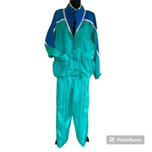 Windbreaker 1980-1990 Jacket Pants Tracksuit Set Women’s Med Y2K Teal Blue Lined